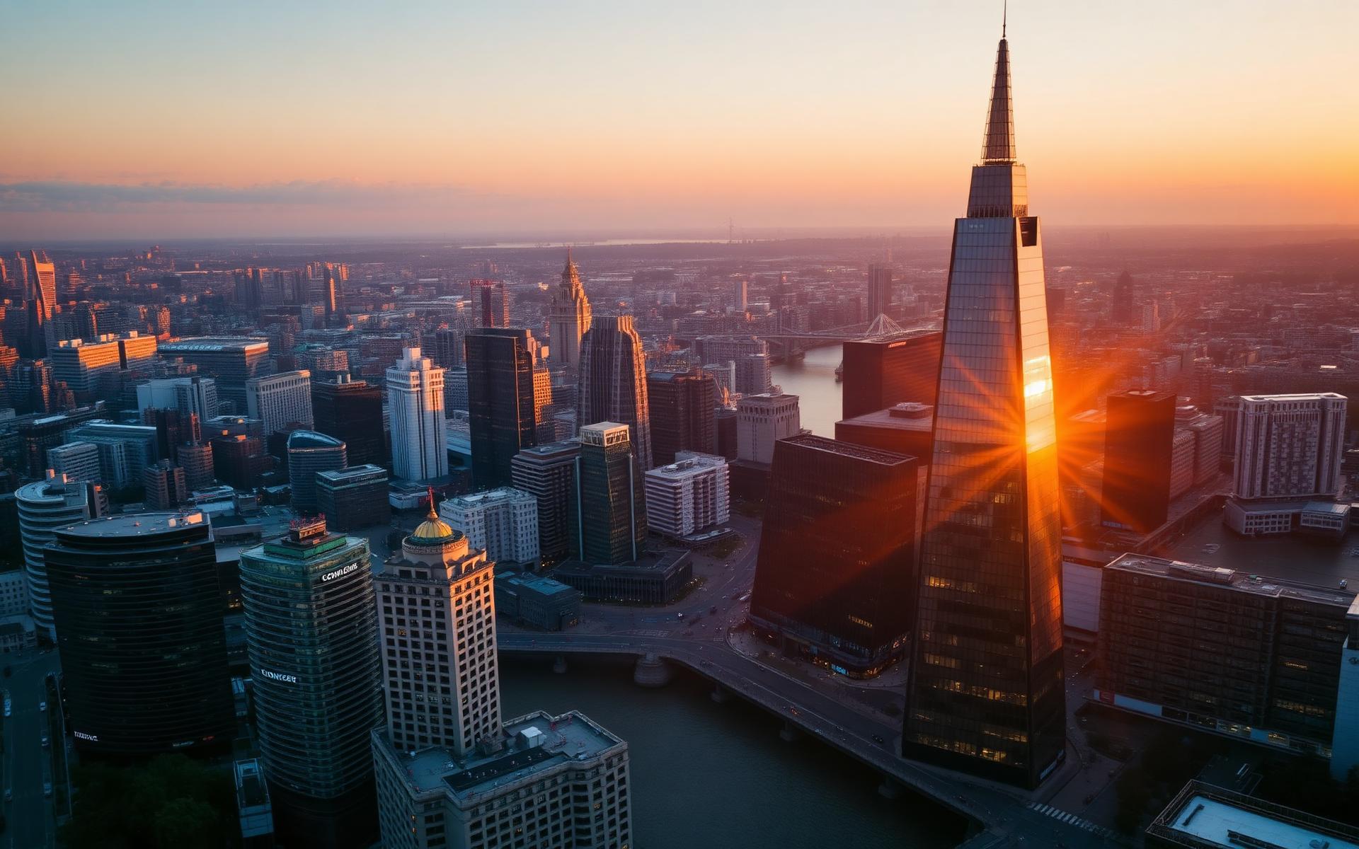 Aerial view of a UK city skyline at dusk